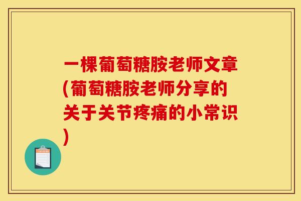 一棵葡萄糖胺老师文章(葡萄糖胺老师分享的关于关节的小常识) 一棵葡萄糖胺老师文章(葡萄糖胺老师分享的关于关节的小常识)